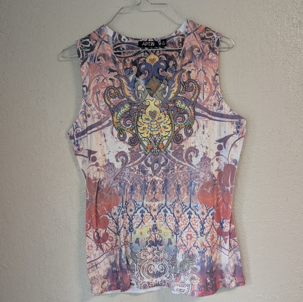 Apt. 9 Retro Graphic Print Henley Sleeveless Tank XL Whimsy Twee Beaded Floral
